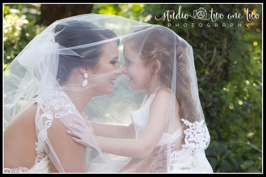 Bride and daughter under veil.